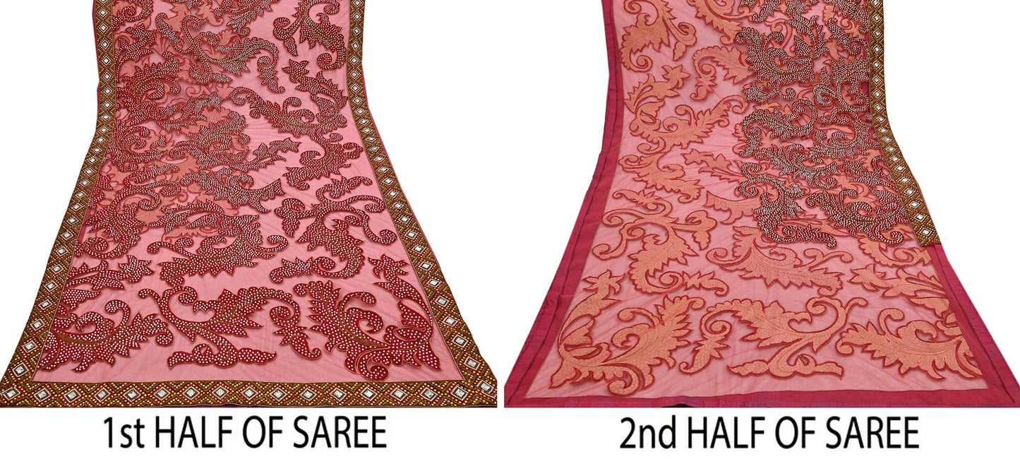 Indian New Heavy Sari Red Net/Mesh Hand Embroidered Designer Manish Malhotra Sarees 6Yd Ethnic Zardozi/Dabka Zari With Blouse Fabric