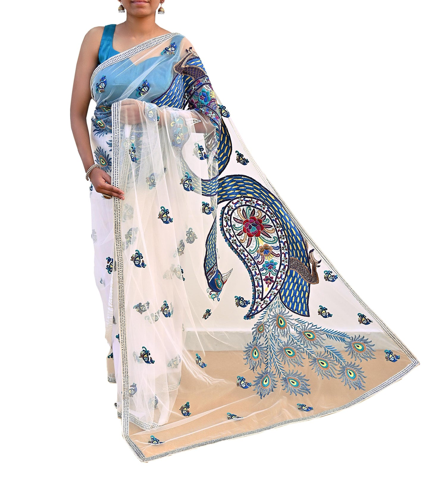 Indian Vintage Heavy Sari White Net/Mesh Embroidered Sarees Fabric 6Yd Sewing Craft Fabric Dress making Crafting Bollywood sari Blouse Pcs