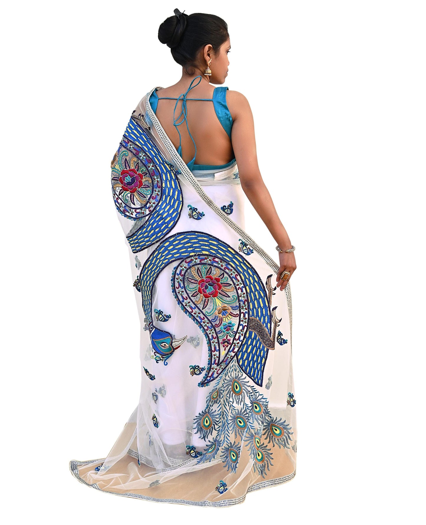 Indian Vintage Heavy Sari White Net/Mesh Embroidered Sarees Fabric 6Yd Sewing Craft Fabric Dress making Crafting Bollywood sari Blouse Pcs