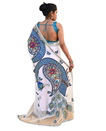 Indian Vintage Heavy Sari White Net/Mesh Embroidered Sarees Fabric 6Yd Sewing Craft Fabric Dress making Crafting Bollywood sari Blouse Pcs