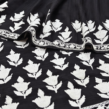 Indian Vintage Sari Black Chanderi Hand Embroidered Ari Work Sarees Fabric 6Yd Sewing Soft Dress making For Crafting Bollywood Saree