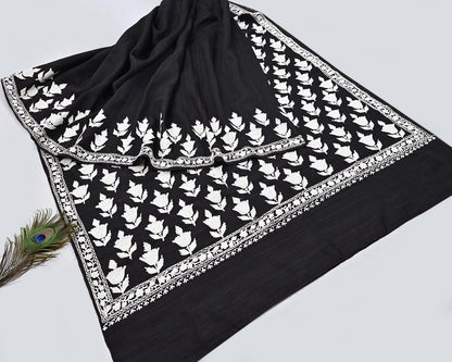 Indian Vintage Sari Black Chanderi Hand Embroidered Ari Work Sarees Fabric 6Yd Sewing Soft Dress making For Crafting Bollywood Saree