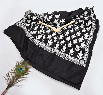 Indian Vintage Sari Black Chanderi Hand Embroidered Ari Work Sarees Fabric 6Yd Sewing Soft Dress making For Crafting Bollywood Saree