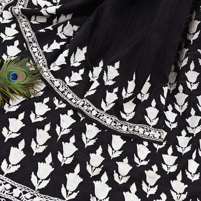 Indian Vintage Sari Black Chanderi Hand Embroidered Ari Work Sarees Fabric 6Yd Sewing Soft Dress making For Crafting Bollywood Saree