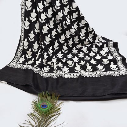 Indian Vintage Sari Black Chanderi Hand Embroidered Ari Work Sarees Fabric 6Yd Sewing Soft Dress making For Crafting Bollywood Saree