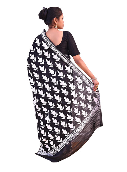 Indian Vintage Sari Black Chanderi Hand Embroidered Ari Work Sarees Fabric 6Yd Sewing Soft Dress making For Crafting Bollywood Saree