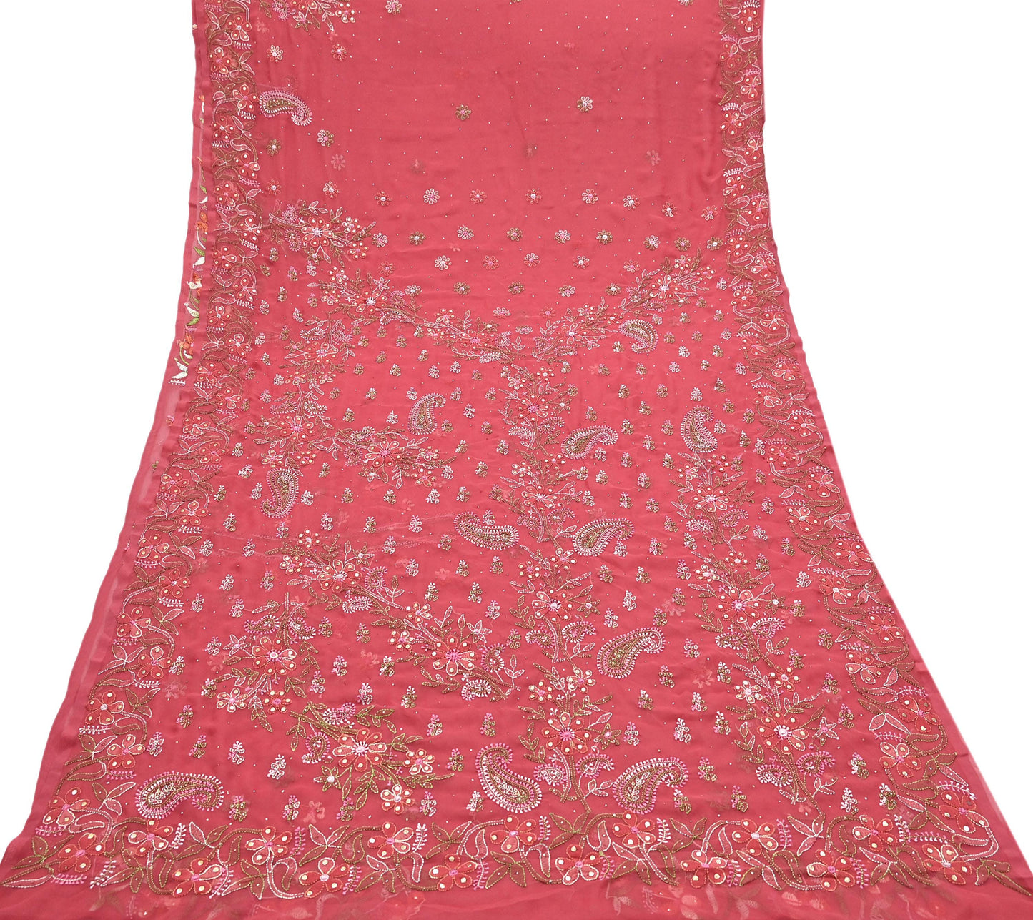 Pre-owned Hand Embordered Chikankari Mukesh Sarees 5Yd Pink Georgette Ethnic Sari Bollywood party wear sarees