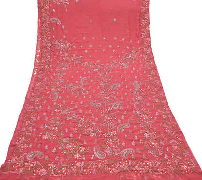 Pre-owned Hand Embordered Chikankari Mukesh Sarees 5Yd Pink Georgette Ethnic Sari Bollywood party wear sarees