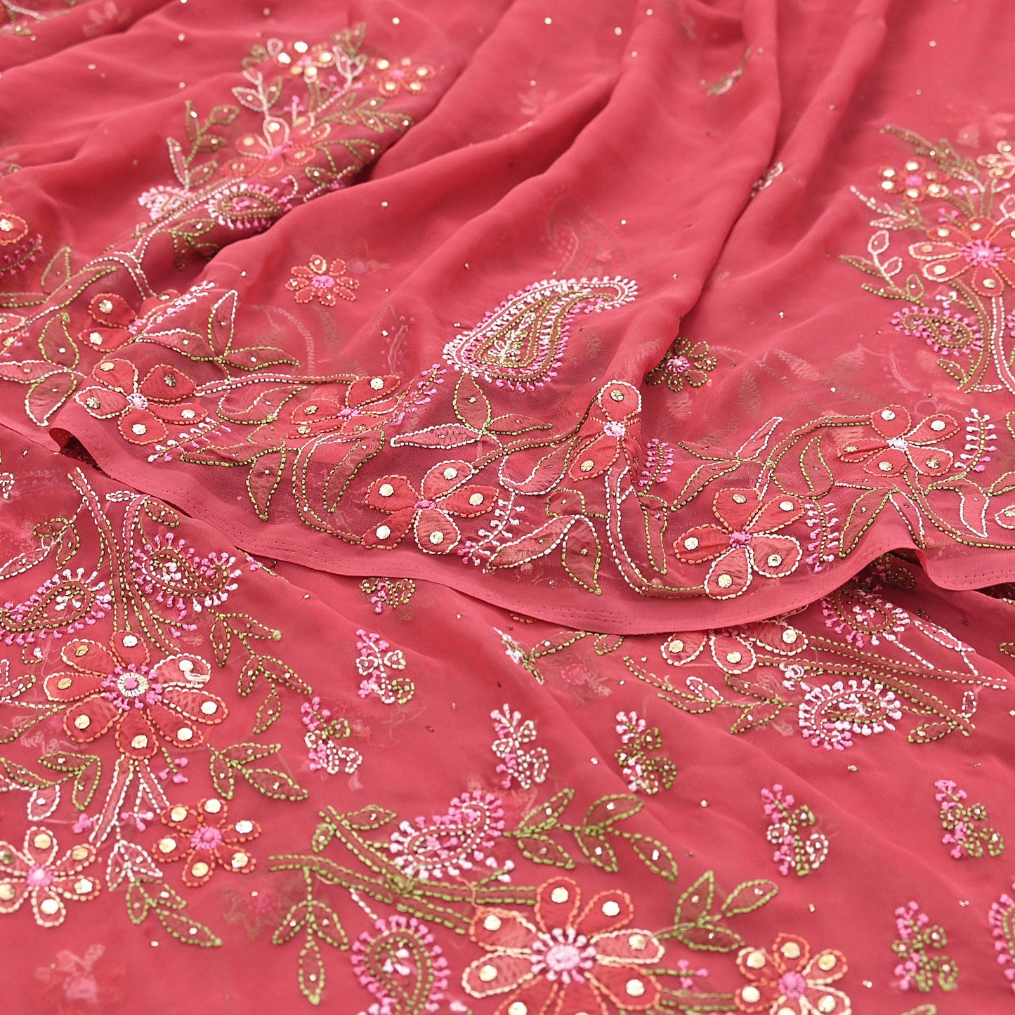 Pre-owned Hand Embordered Chikankari Mukesh Sarees 5Yd Pink Georgette Ethnic Sari Bollywood party wear sarees