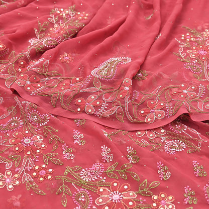 Pre-owned Hand Embordered Chikankari Mukesh Sarees 5Yd Pink Georgette Ethnic Sari Bollywood party wear sarees