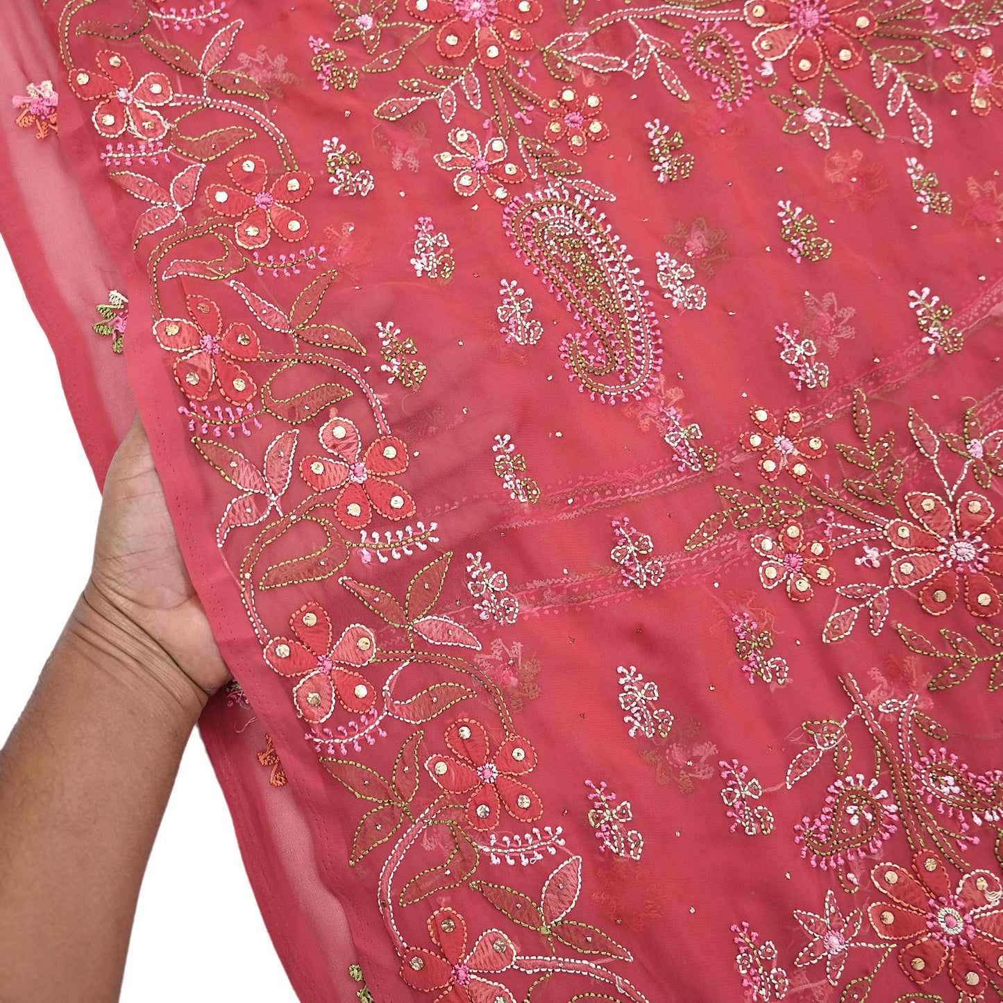 Pre-owned Hand Embordered Chikankari Mukesh Sarees 5Yd Pink Georgette Ethnic Sari Bollywood party wear sarees