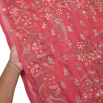 Pre-owned Hand Embordered Chikankari Mukesh Sarees 5Yd Pink Georgette Ethnic Sari Bollywood party wear sarees