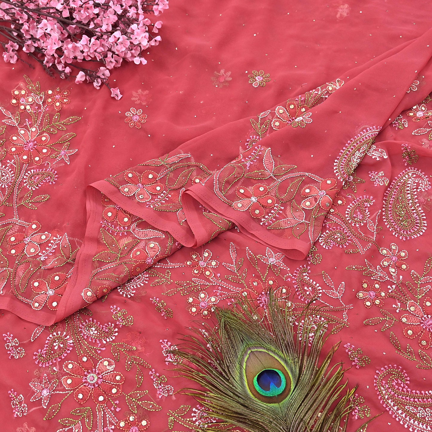 Pre-owned Hand Embordered Chikankari Mukesh Sarees 5Yd Pink Georgette Ethnic Sari Bollywood party wear sarees