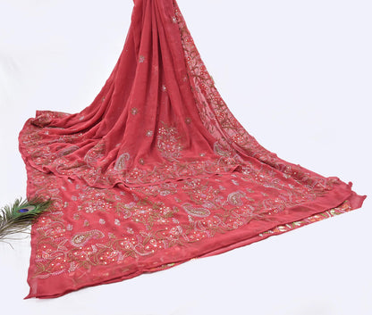 Pre-owned Hand Embordered Chikankari Mukesh Sarees 5Yd Pink Georgette Ethnic Sari Bollywood party wear sarees