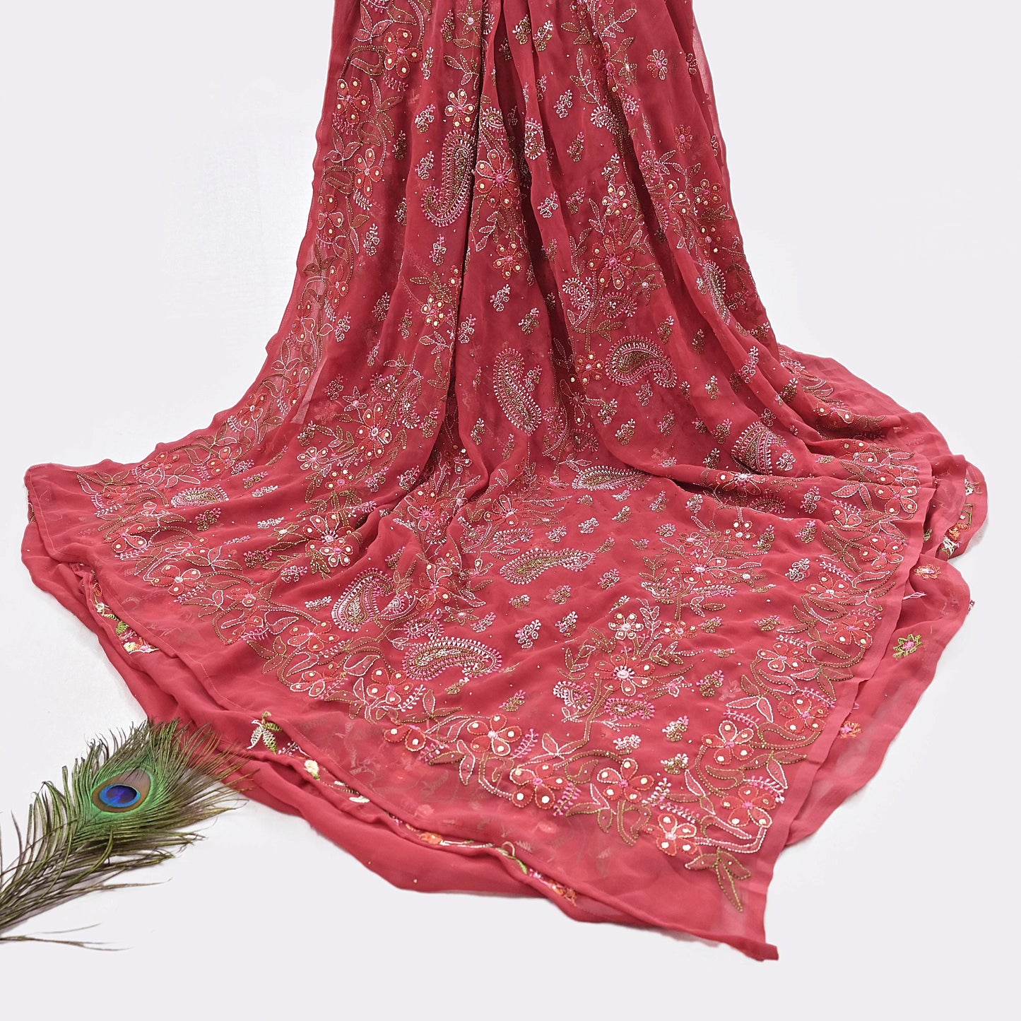 Pre-owned Hand Embordered Chikankari Mukesh Sarees 5Yd Pink Georgette Ethnic Sari Bollywood party wear sarees