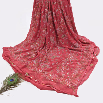 Pre-owned Hand Embordered Chikankari Mukesh Sarees 5Yd Pink Georgette Ethnic Sari Bollywood party wear sarees