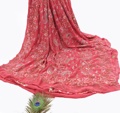 Pre-owned Hand Embordered Chikankari Mukesh Sarees 5Yd Pink Georgette Ethnic Sari Bollywood party wear sarees