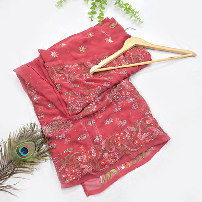 Pre-owned Hand Embordered Chikankari Mukesh Sarees 5Yd Pink Georgette Ethnic Sari Bollywood party wear sarees