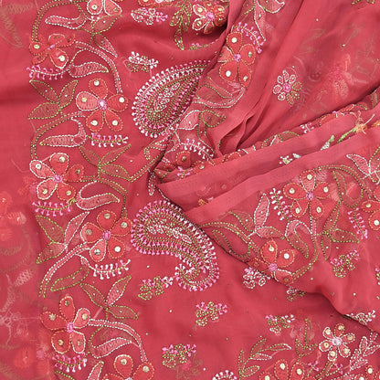 Pre-owned Hand Embordered Chikankari Mukesh Sarees 5Yd Pink Georgette Ethnic Sari Bollywood party wear sarees
