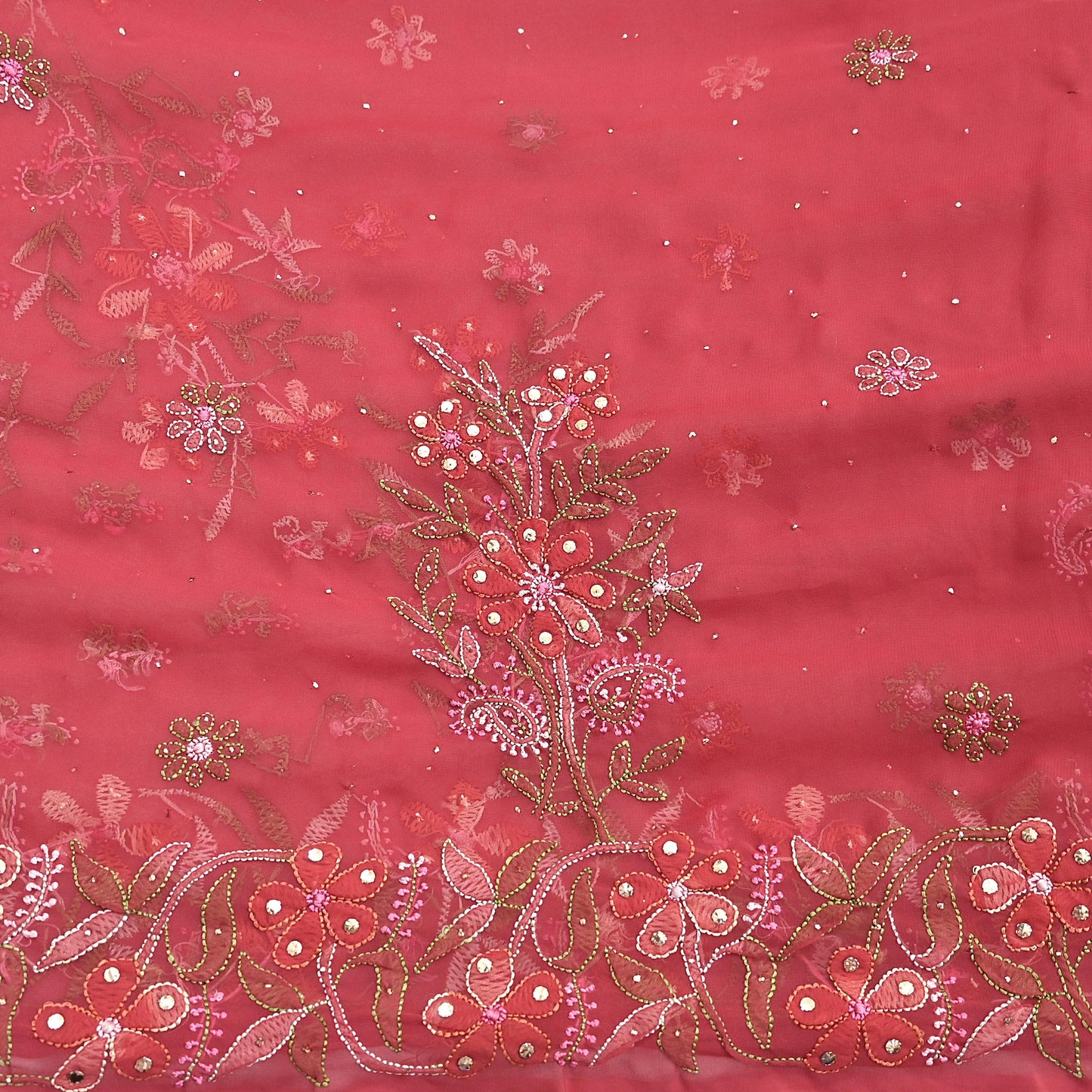 Pre-owned Hand Embordered Chikankari Mukesh Sarees 5Yd Pink Georgette Ethnic Sari Bollywood party wear sarees