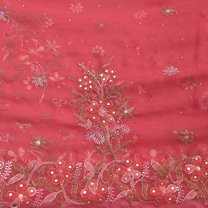 Pre-owned Hand Embordered Chikankari Mukesh Sarees 5Yd Pink Georgette Ethnic Sari Bollywood party wear sarees