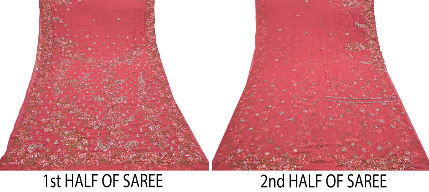 Pre-owned Hand Embordered Chikankari Mukesh Sarees 5Yd Pink Georgette Ethnic Sari Bollywood party wear sarees
