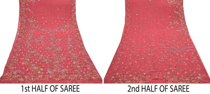 Pre-owned Hand Embordered Chikankari Mukesh Sarees 5Yd Pink Georgette Ethnic Sari Bollywood party wear sarees
