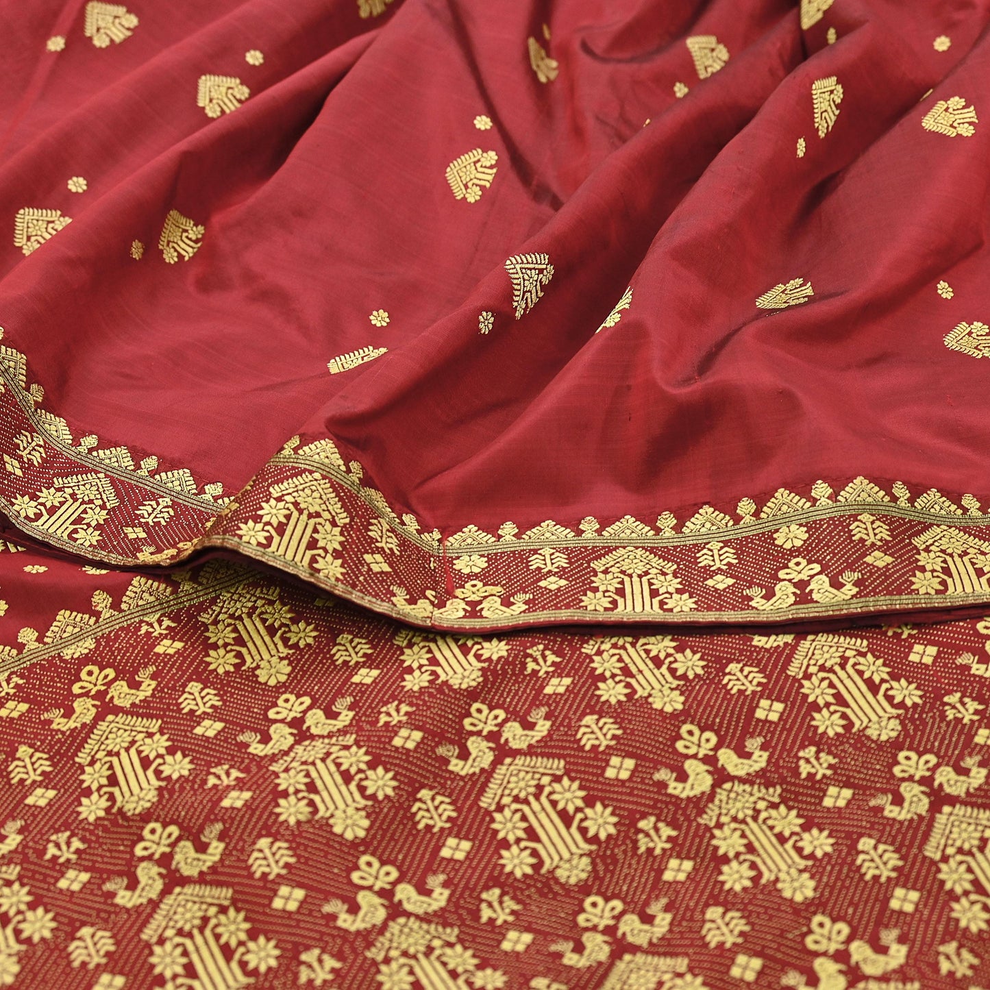 Vintage Red Pure Silk Saree Handwoven Asam Sari with Floral Design Antique Indian Wedding Saree 5yd Fabric