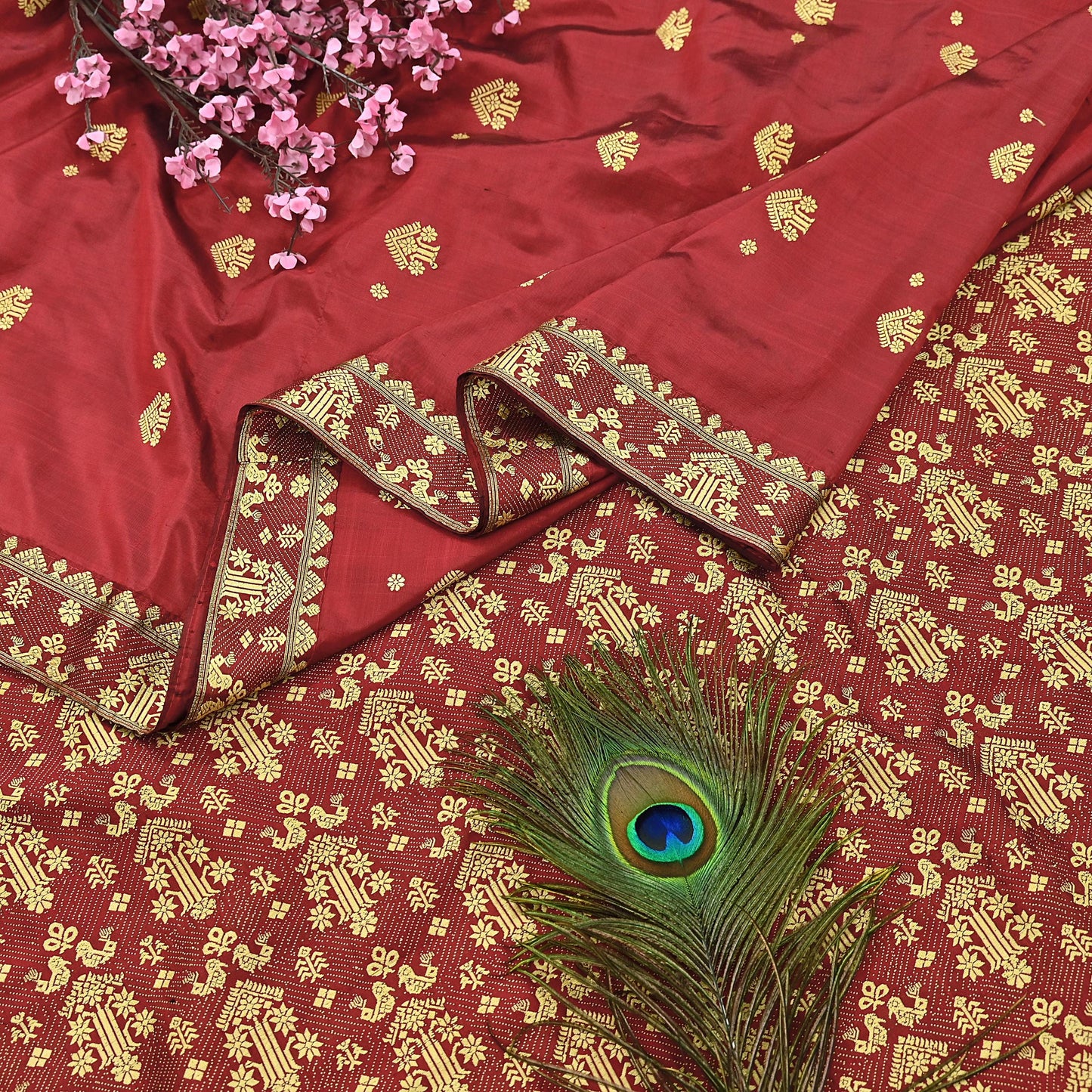 Vintage Red Pure Silk Saree Handwoven Asam Sari with Floral Design Antique Indian Wedding Saree 5yd Fabric