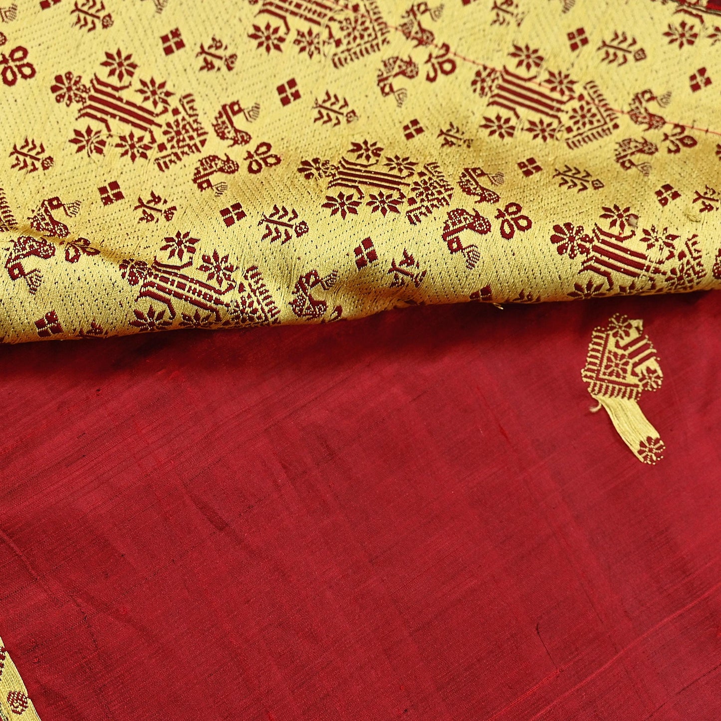 Vintage Red Pure Silk Saree Handwoven Asam Sari with Floral Design Antique Indian Wedding Saree 5yd Fabric