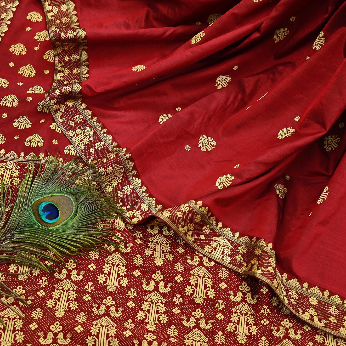 Vintage Red Pure Silk Saree Handwoven Asam Sari with Floral Design Antique Indian Wedding Saree 5yd Fabric