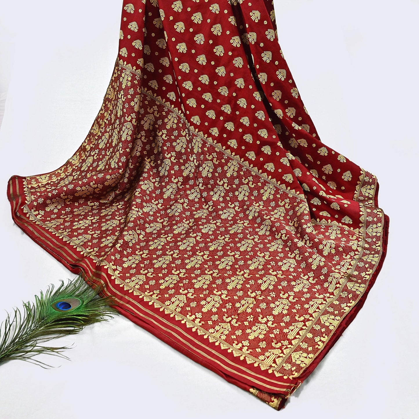 Vintage Red Pure Silk Saree Handwoven Asam Sari with Floral Design Antique Indian Wedding Saree 5yd Fabric