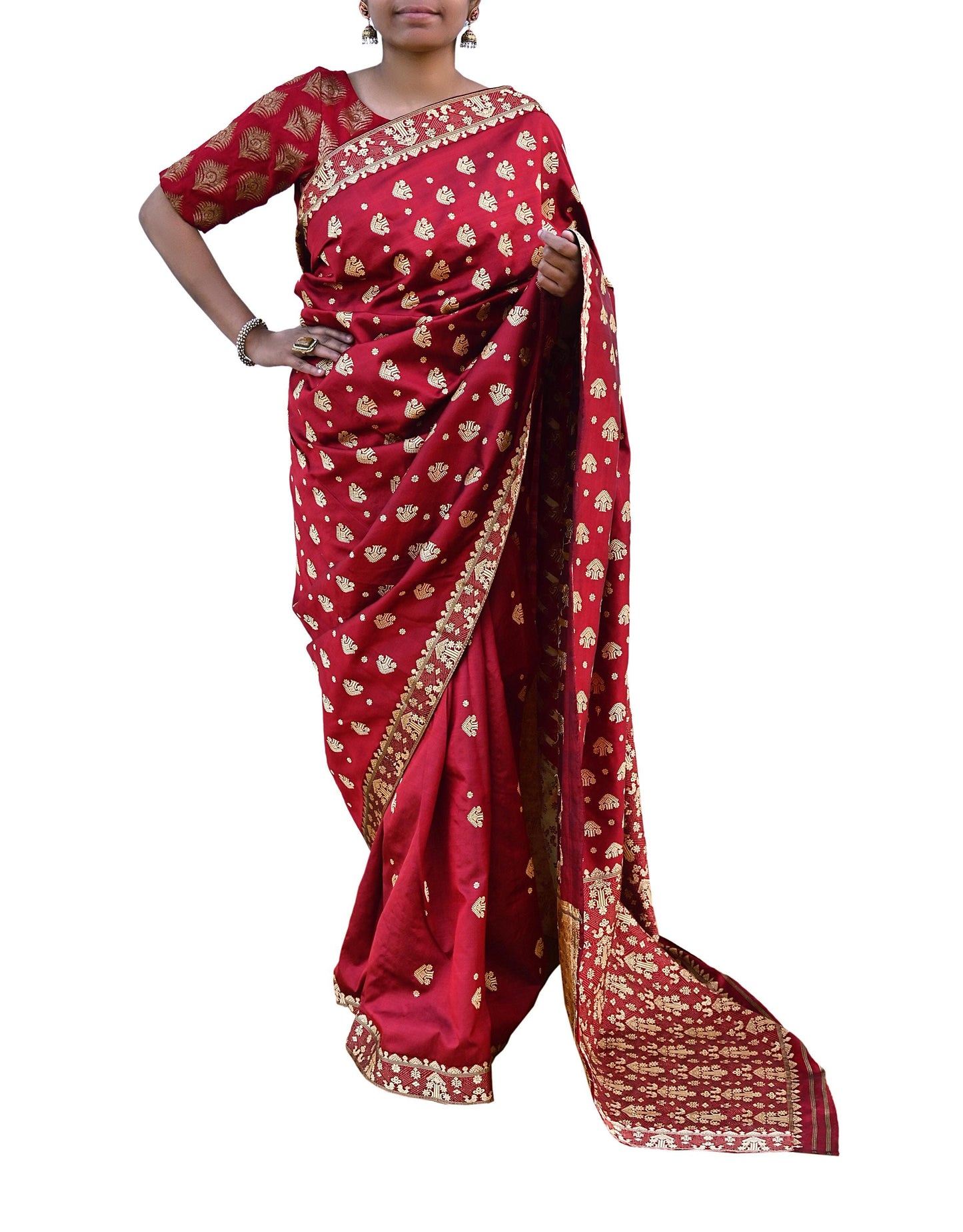 Vintage Red Pure Silk Saree Handwoven Asam Sari with Floral Design Antique Indian Wedding Saree 5yd Fabric