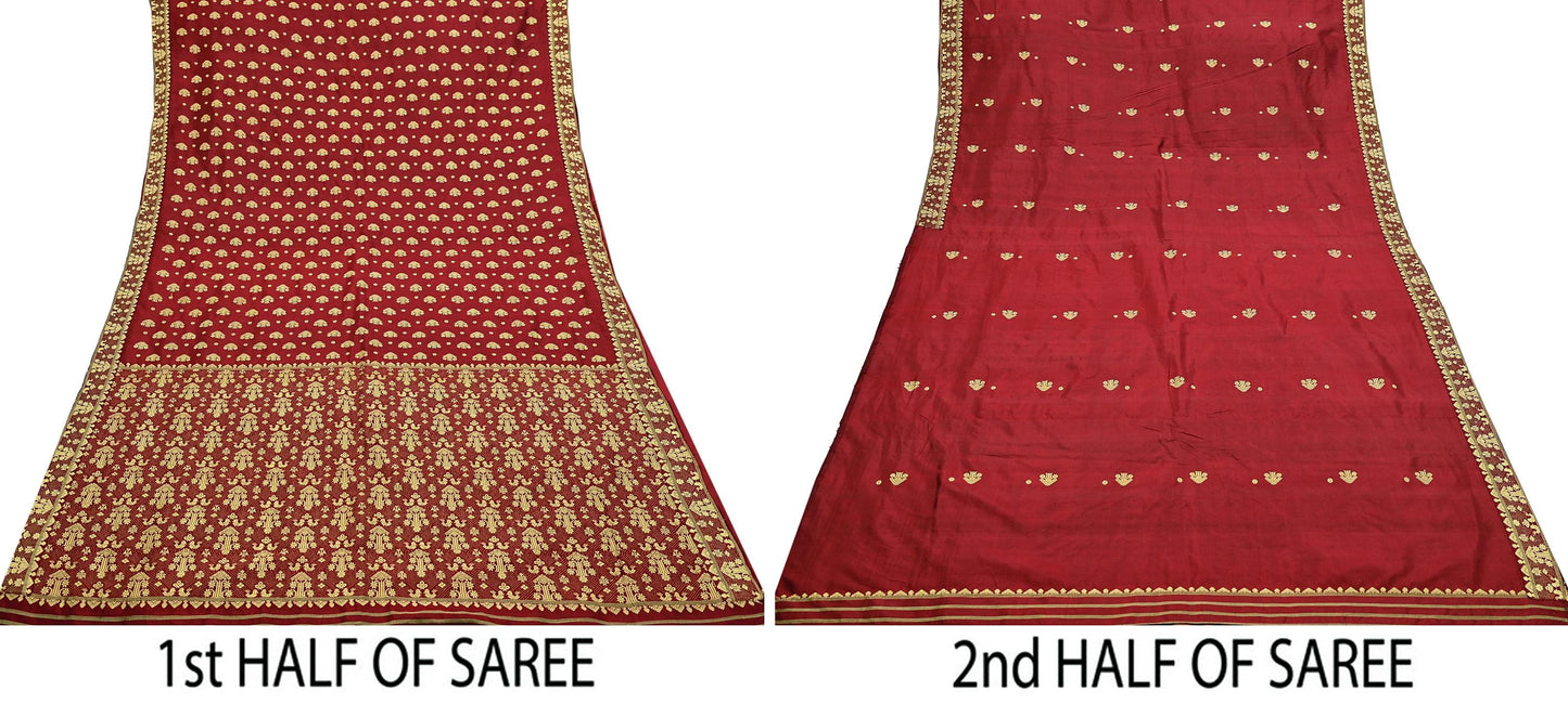 Vintage Red Pure Silk Saree Handwoven Asam Sari with Floral Design Antique Indian Wedding Saree 5yd Fabric