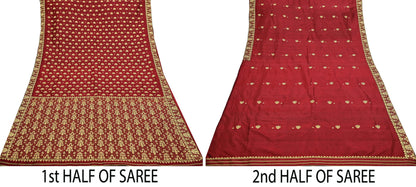 Vintage Red Pure Silk Saree Handwoven Asam Sari with Floral Design Antique Indian Wedding Saree 5yd Fabric