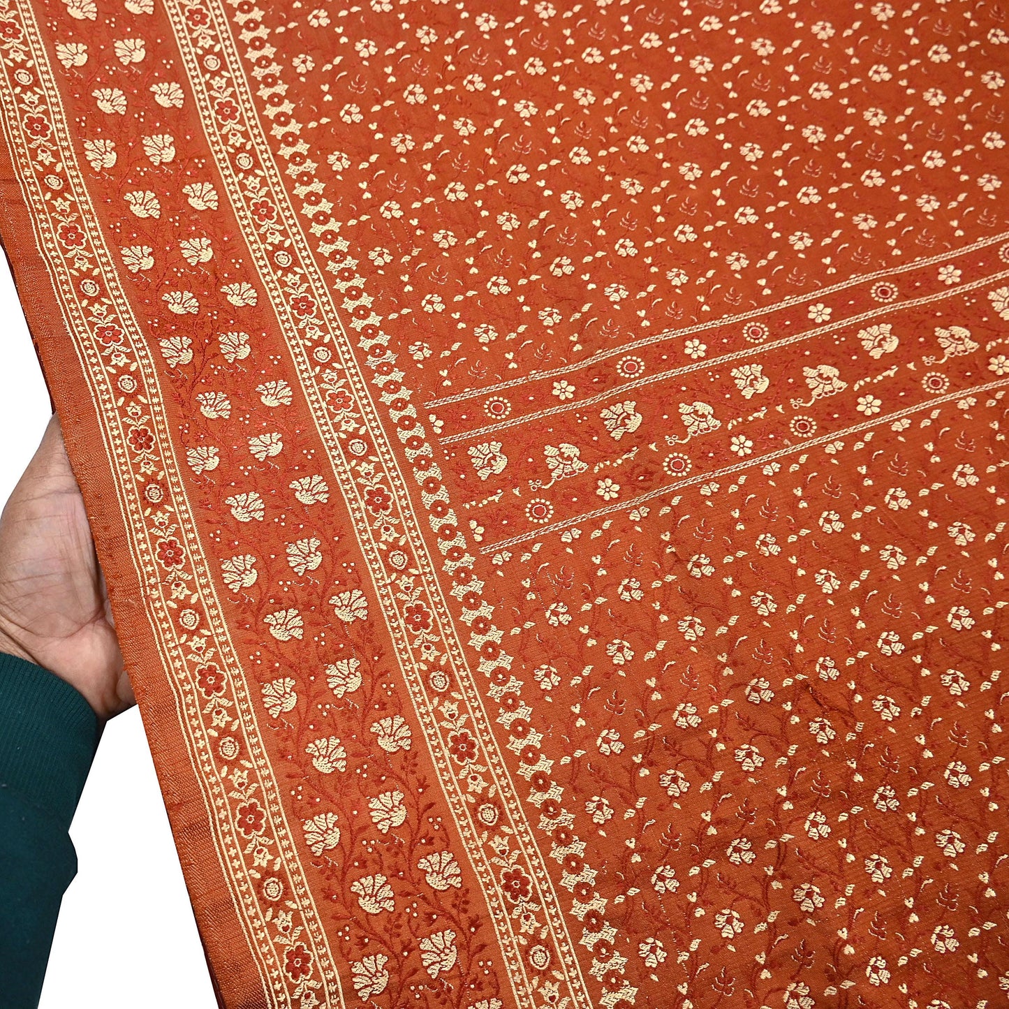 Vintage Rusty Orange Banarasi Silk Saree Pure Satin Silk Handwoven Tanchoi Fabric with Floral Weave 5 Yard Dressmaking Craft Material