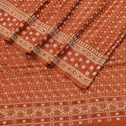 Vintage Rusty Orange Banarasi Silk Saree Pure Satin Silk Handwoven Tanchoi Fabric with Floral Weave 5 Yard Dressmaking Craft Material
