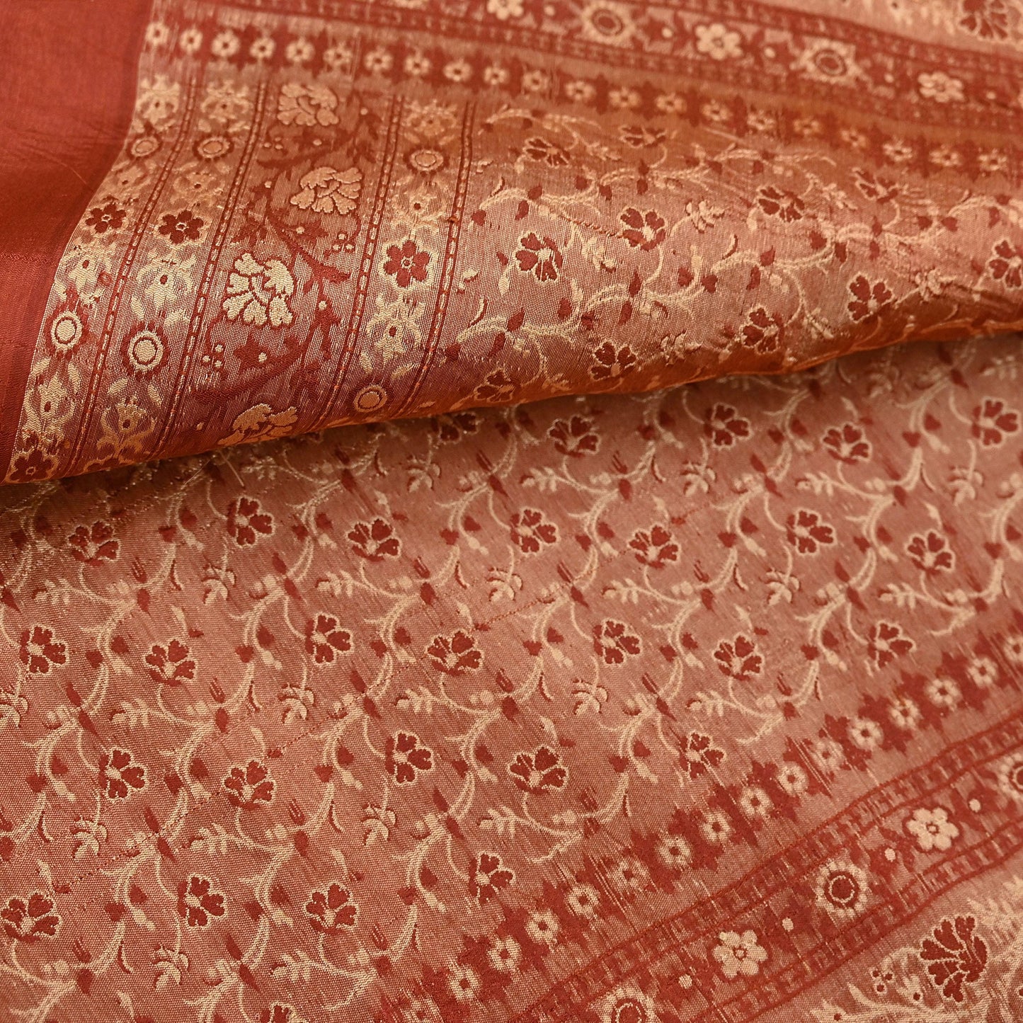 Vintage Rusty Orange Banarasi Silk Saree Pure Satin Silk Handwoven Tanchoi Fabric with Floral Weave 5 Yard Dressmaking Craft Material
