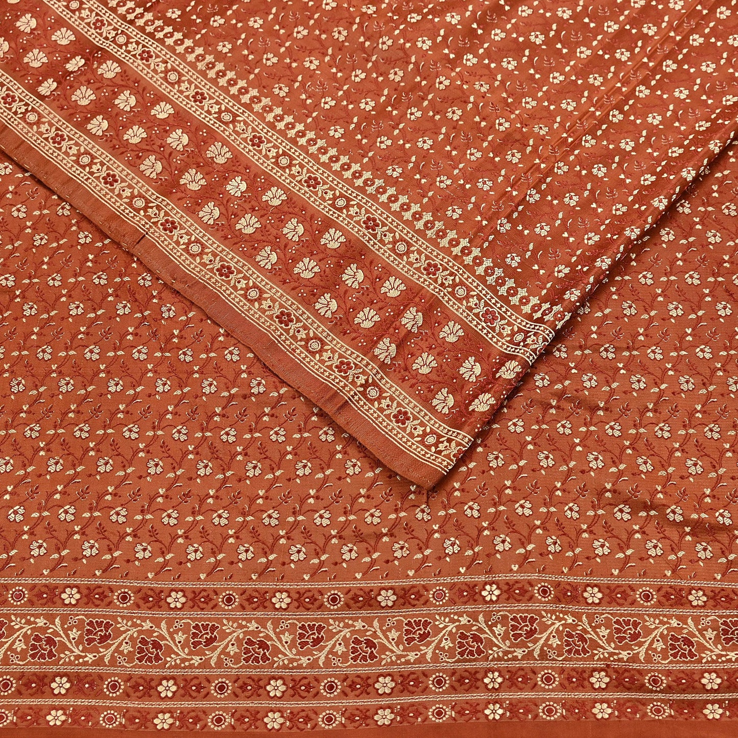 Vintage Rusty Orange Banarasi Silk Saree Pure Satin Silk Handwoven Tanchoi Fabric with Floral Weave 5 Yard Dressmaking Craft Material