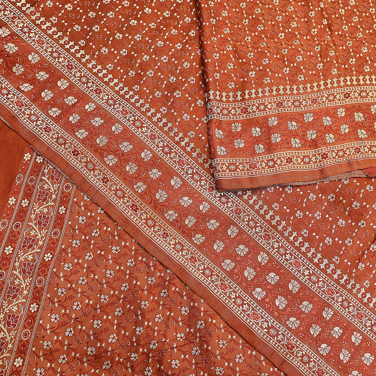 Vintage Rusty Orange Banarasi Silk Saree Pure Satin Silk Handwoven Tanchoi Fabric with Floral Weave 5 Yard Dressmaking Craft Material