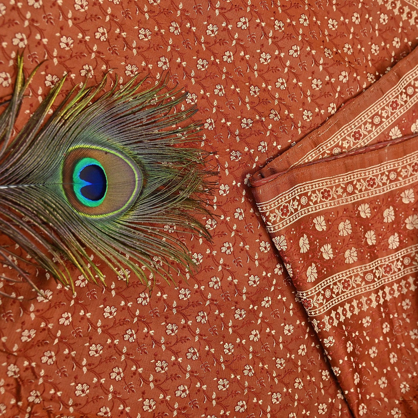 Vintage Rusty Orange Banarasi Silk Saree Pure Satin Silk Handwoven Tanchoi Fabric with Floral Weave 5 Yard Dressmaking Craft Material