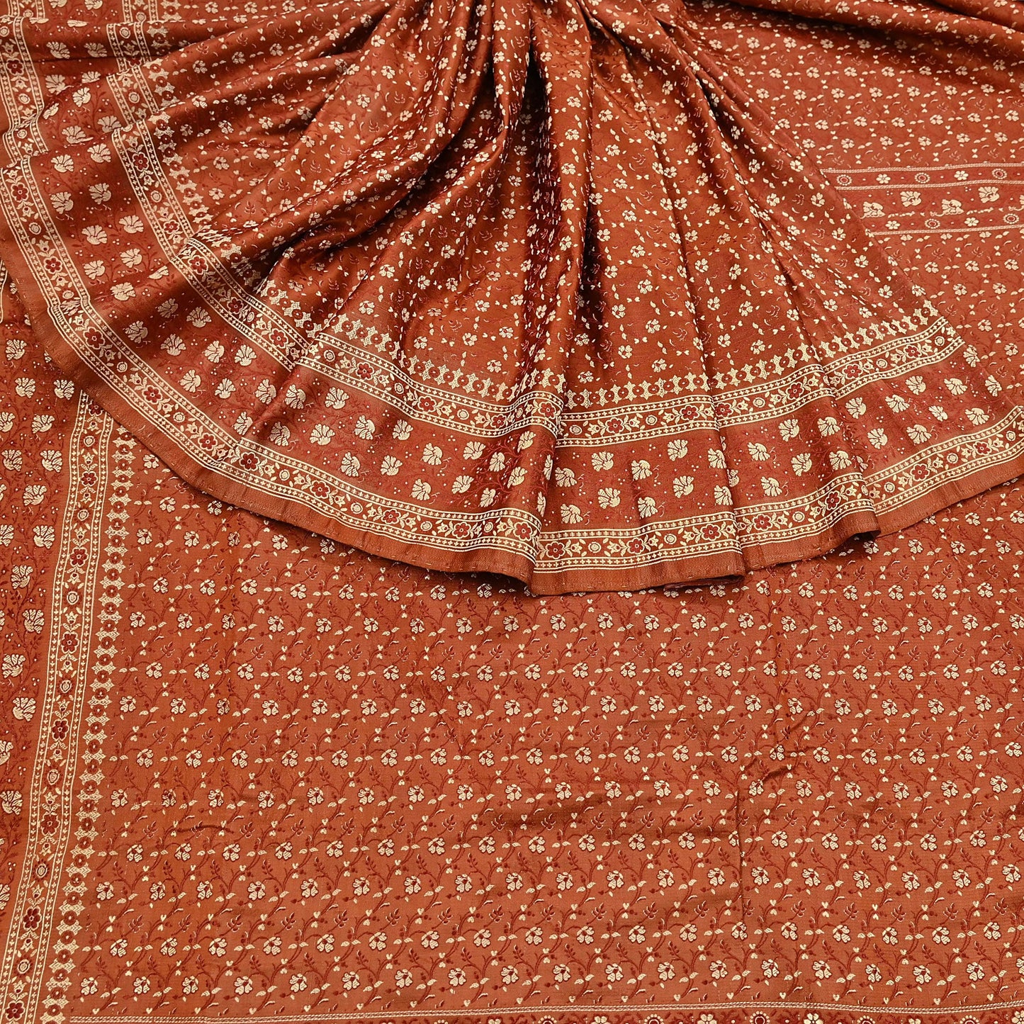 Vintage Rusty Orange Banarasi Silk Saree Pure Satin Silk Handwoven Tanchoi Fabric with Floral Weave 5 Yard Dressmaking Craft Material