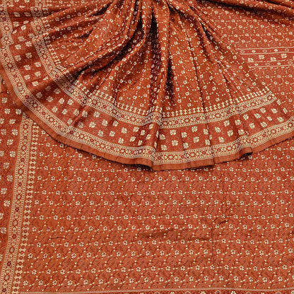 Vintage Rusty Orange Banarasi Silk Saree Pure Satin Silk Handwoven Tanchoi Fabric with Floral Weave 5 Yard Dressmaking Craft Material