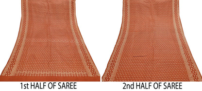 Vintage Rusty Orange Banarasi Silk Saree Pure Satin Silk Handwoven Tanchoi Fabric with Floral Weave 5 Yard Dressmaking Craft Material