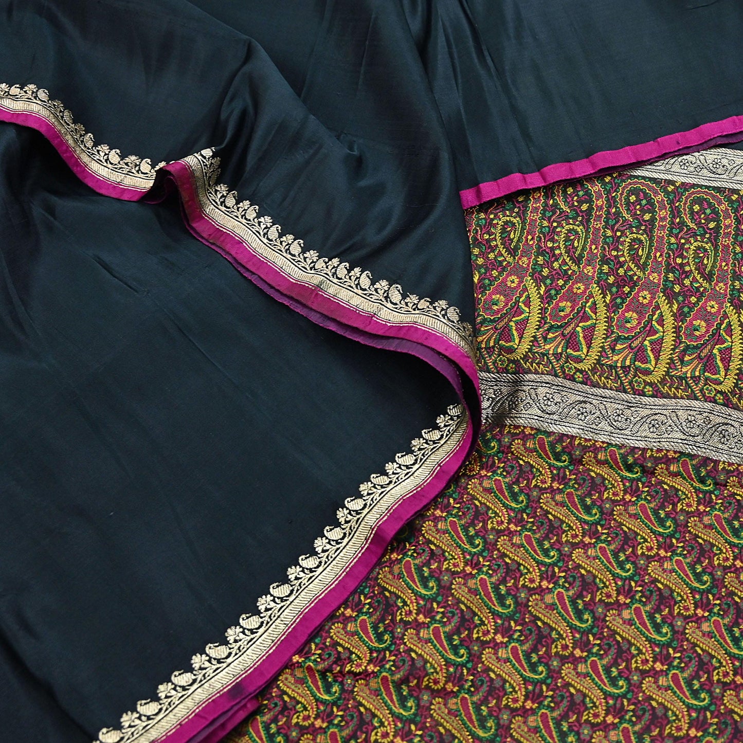 Indian Vintage Sari Black Heavy Wedding Pure Satin Silk Woven Banarasi Tanchoi Saree 5Yd Ethnic Craft Fabric Upcycle Bridal Heavy Sarees