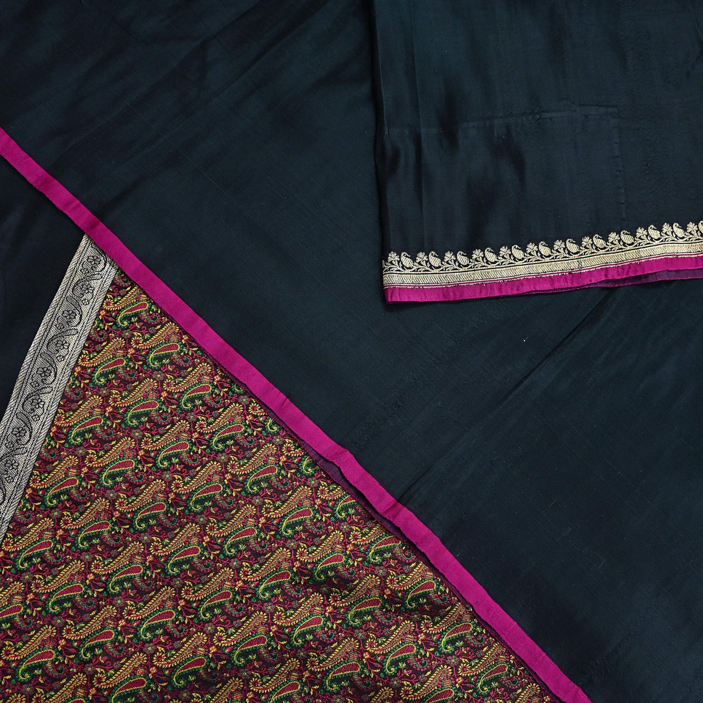 Indian Vintage Sari Black Heavy Wedding Pure Satin Silk Woven Banarasi Tanchoi Saree 5Yd Ethnic Craft Fabric Upcycle Bridal Heavy Sarees