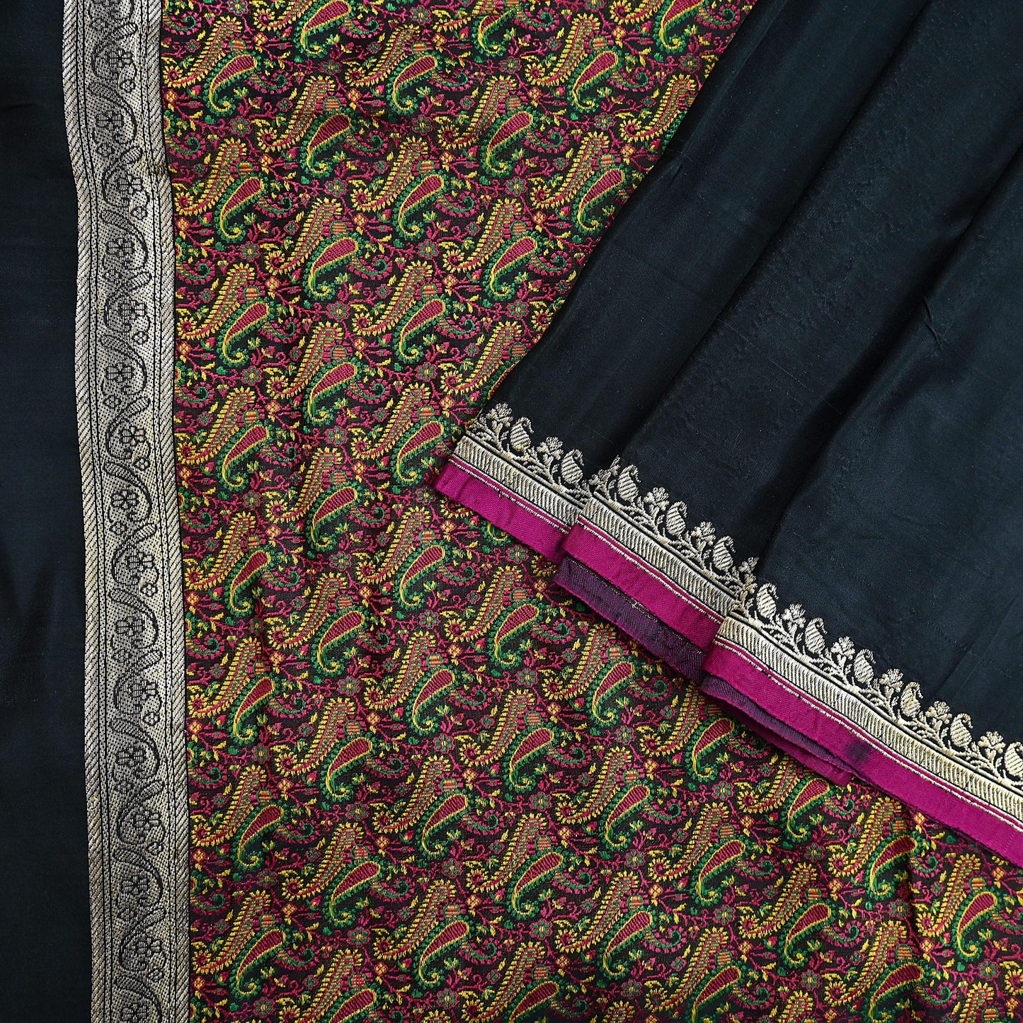 Indian Vintage Sari Black Heavy Wedding Pure Satin Silk Woven Banarasi Tanchoi Saree 5Yd Ethnic Craft Fabric Upcycle Bridal Heavy Sarees