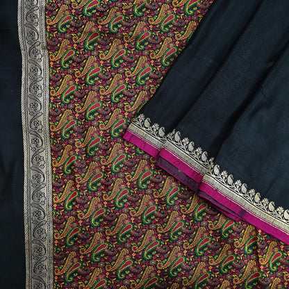 Indian Vintage Sari Black Heavy Wedding Pure Satin Silk Woven Banarasi Tanchoi Saree 5Yd Ethnic Craft Fabric Upcycle Bridal Heavy Sarees