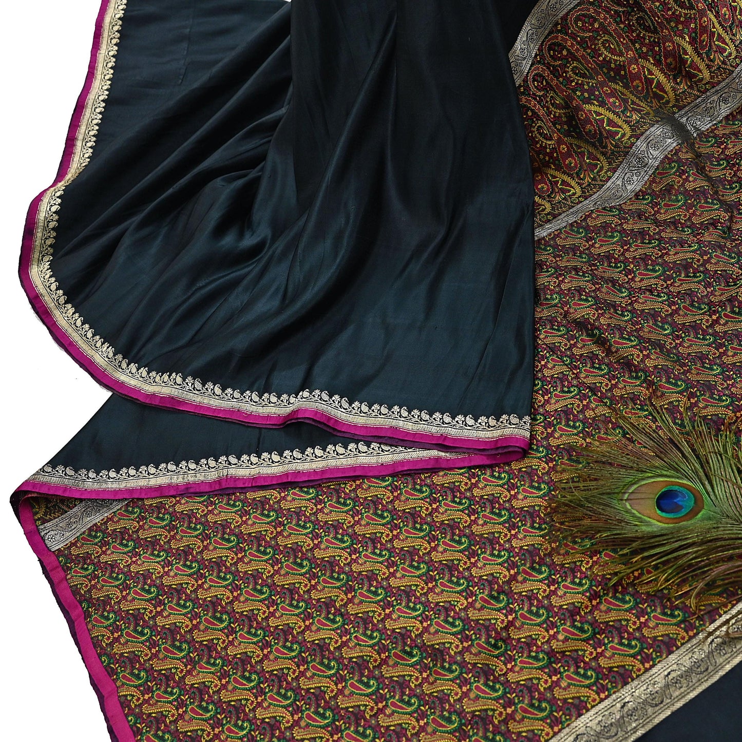 Indian Vintage Sari Black Heavy Wedding Pure Satin Silk Woven Banarasi Tanchoi Saree 5Yd Ethnic Craft Fabric Upcycle Bridal Heavy Sarees