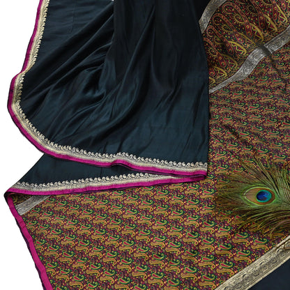 Indian Vintage Sari Black Heavy Wedding Pure Satin Silk Woven Banarasi Tanchoi Saree 5Yd Ethnic Craft Fabric Upcycle Bridal Heavy Sarees